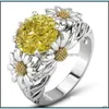 Bandringen Zonnebloemring Kleur Zirkoon Gold vergulde edelsteen kristal high -end sieraden Europese mode Vrouwen Gift Groothandel 2 DHE5U