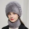 Berets Women Scarves Set Natural Fur Hats Knit Hat Scarf Real Rex Winter Warm Fashion Princess For Ladies