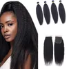 Cabelo humano brasileiro Kinky reto 4 pacotes com 4x4 encerramento de renda Baby Hairs yaki 5 peças cor natural 10-30 polegadas