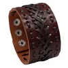 Hand Made Weave Wide Lace Bandage Leather Bangle Cuff Button Adjustable Bracelet Wristand for Men Women Fashion Jewelry Black