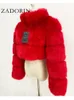 Womens fur Faux Zadorin Fashion Cropped Coat Stand Warm Stand Collar Slim Fluffy Jacket Winter Coats Streetwear 220922