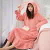 Women's Sleepwear Rabbit Hooded Winter Flannel Nightgowns Women Simple Sweet Cute Warm Female Thick Plus Velvet Nightwear Mid-calf Soft 220922