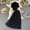 Spring Suit dress Women's Knitted Short Sleeve Top Heavy Work Beading Slim Versatile Mesh Skirt Temperament Two Piece Fashion