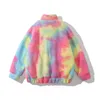 Winter Fuzzy Fleece Down Jacket Hip Hop Streetwear Harajuku Rainbow Tie Dye Colorful Fluffy Zipper Coat Mens Harajuku Warm Jackets