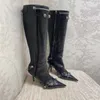 Cagole lambskin leather knee-high boots stud buckle embellished side zip shoes pointed Toe stiletto heel tall boot luxury designers shoe for0002 waterproof