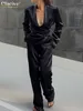 Zweiteilige Damen-Hosen von Clacive Balck, lässige Satin-Frauen-Sets, Herbst-Langarm-Blazer mit weitem Bein, Hosen-Set, elegantes Schnür-2-teiliges Hosen-Set 220922