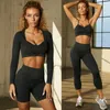 Actieve sets Zesdelige geribbelde naadloze yogaset vrouwen crop top sport bh gym leggings shorts shorts fitness sportkleding workout outfit