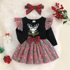 Sukienki dla dziewczynek focusnorm 2pcs Baby Girls Christmas Sukienka strój renifer nadruk kratowy szwy z koronki z długim rękawem Tutu opaska na głowę 0-24m