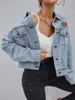 Kvinnorjackor Spring Flap Pocket Patched Button Up Denim Jacket Kvinnor Jean Casual Slim Long Sleeve Coat Overize