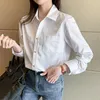 Camicette da donna Camicia bianca Top da donna 2022 Primavera maniche lunghe larghe Tasche Solid Drop Button Up Blusas Donna Vintage 0139