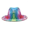 Berets Tie-dyed Woolen Top Hat Spring Color Tweed Ladies Big Brim Jazz Felt Ink Painting Double-sided Printing Dyeing