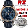 AZF V5 az500713 A52010 Montre automatique pour homme Cadran de réserve de marche bleu Marqueurs de chiffres Or rose Boîtier en acier inoxydable Bracelet en cuir bleu 2022 Super Edition Montres d'éternité