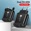 Universal Fast Quick Chargers 40W 듀얼 PD USB-C Type C 벽 충전기 EU 미국 영국 AC 여행 어댑터 iPad 에어 iPhone 12 13 X XR Samsung Tablet PC HTC Android 폰