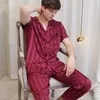 Men's Sleepwear Men L-3XL Big Size 2PCS Striped Pajamas Suit Summer Short Sleeve Shirt&Pant Loose Satin Pijama Casual Home Clothes