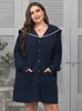 여성 S 2 피스 바지 플러스 크기의 크기 네이비 블루 더블 포켓 재킷 느슨한 단색 큰 옷깃 긴 소매 캐주얼 편안한 외부웨어 220922