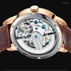 Zegarek ailang men zegarki podwójne koło zamachowe puste szkielet automatyczny Man Watch Mechanical Fashion RelOJ Hombre Skórzany pasek na rękę