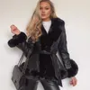 Women's Fur 2022 Arrival Women's Winter Leather Faux Collar Cuff Coat Belt Jacket Stitching Slim Elegant Warm Thick Overcoat Female