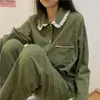 Kadınların pijama yeşili ekose gündelik pijama setleri kadınlar tek göğüslü ins japonya açılır yakalı gece giyim bahar sonbahar elastik bel 220922