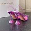Amina Muaddi Sandalet En İyi Lüks Tasarımcı Elbise Ayakkabı Bowknot Kristal Elmas Dekorasyon Şeffaf PVC Şarap Kupası Topukları1819457