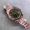 Montre mécanique automatique pour homme, cadran vert olive de 40 mm, avec lunette cannelée fixe et bracelet en acier inoxydable or rose