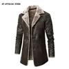 Men's Leather Faux PU Jacket Men Long Style Solid Streetwear Fleece Casual Mens Clothing Porckets Breasted Coat Outwear 220922