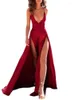 Robes décontractées Satin Satin Longsexy Deep V Neck Neckless MAXI Robe maxi se sépare la longueur du sol rouge ouvert Night Club Party