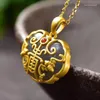 Pendant Necklaces Natural Watian Ash Ruyi Inlaid S925 Sterling Silver Ancient Style Thick Gold Female Fu Lu Shou Painting Color