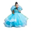 Meisjesjurken Sparkle Sky Blue Long Ruffles Tule bloemenmeisjes bruiloft A-lijn 3D Appliques Puffy Sheeves Kids Dessing