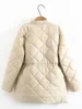 여성 플러스 사이즈 겉옷 코트 의류 파카 겨울 패션 단순 졸라 매는 끈 허리 V 넥 아가일 패딩 코트 220922