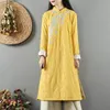 Ethnic Clothing Yellow Chinese Dress Qipao Floral Cheongsam Cotton Vestidos Embroidered Vintage Robe Femme Autumn Winter 11700