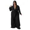 Tracksuits 4XL Plus Size Women Set Clothes Lace Up Crop Tops Pleated Wide Leg Pant Suit Autumn Solid Casual Sexy Oversize Outfits