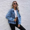 Women's Jackets Spring Flap Pocket Patched Button Up Denim Jacket Women Jean Casual Slim Long Sleeve Coat Oversize