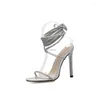 Sandales argent cristal strass Sexy femmes été cheville à lacets bout ouvert mince talon haut robe de mariée chaussures grand 35-42