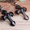 Pendant Necklaces Natural Stone Obsidian Cross Amulet Necklace Hand Carved Pendants With Lucky Free Beads Chain For Women Men Jewelry