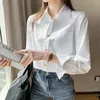 Camicette da donna Camicia bianca Top da donna 2022 Primavera maniche lunghe larghe Tasche Solid Drop Button Up Blusas Donna Vintage 0139