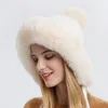 Bonnet/Casquettes d'hiver chaud tricoté chapeau de fourrure femmes chapeau avec oreillette deux boules dame en plein air épaissir peluche y casquette chapeaux russes pour les femmes 2209226651284