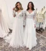 Abito da sposa bianco manica lunga tulle applicazioni di pizzo scollo a V corsetto backless eleganti abiti da sposa lunghezza del pavimento abiti da sposa