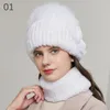 Berets Women Scarves Set Natural Fur Hats Knit Hat Scarf Real Rex Winter Warm Fashion Princess For Ladies