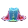 Berets Tie-dyed Woolen Top Hat Spring Color Tweed Ladies Big Brim Jazz Felt Ink Painting Double-sided Printing Dyeing