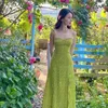 Casual Dresses Spring Green Floral Dress Party Beach Bodycon Pencil Kvinna Vintage Kvinnor Sundress ärmlös Pleated Vestido Maxi