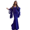 Elegant Arabic Blue Evening Dresses Ruffles Long Sleeves Mermaid Celebrity Gowns Off The Shoulder Straps Maxi Prom Party Dress Simple Satin Robe De Soriee