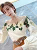 Women's Tracksuits Brown Shorts Sets Women 2 Piece Suits 2022 Autumn Fashion Mesh Patch Floral Long Sleeve Apricot Blouse & Rhinestones