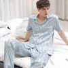 Men's Sleepwear Men L-3XL Big Size 2PCS Striped Pajamas Suit Summer Short Sleeve Shirt&Pant Loose Satin Pijama Casual Home Clothes