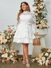 Plus Size Dresses Simple Autumn Lantern Sleeve Office Elegant Dress White Lace Belt Hollow Out Solid Crew 4xl A-Line 2022