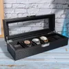 Watch Boxes 6 Grids Box PU Leather Carbon Fiber Storage Holder Black Organizer Jewelry Wristwatch Display Case Luxury Gift