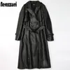 Женские траншеи Coats Nerazzurri Spring Brown Long Black Faux Leather Trench Poat для женщин с длинным рукавом с длинным рукавом двойной грудь женская осенняя мода 7xl 220922