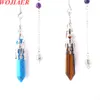 Natural Stones Pendulum Pendant for Dowsing Divination 7 Chakra Chain Hexagonal Point Silver-color Prism Reiki Pendule BO941