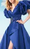 Elegant Slit Sheath Celebrity Evening Dresses With Detachable Skirt V-Neck Dark Navy Prom Gowns Short Lantern Sleeve Simple Satin Red Carpet Dress