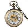 Fickklockor transparent glas romerska siffror brons manuell mekanisk klocka handlindande hänge retro timepiece gåvor man