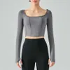 Fish Bone Tangent Square Neck Yoga Outfits Top Long Sleeve Female Slim Sports Shirt Fitness Gym Clothes